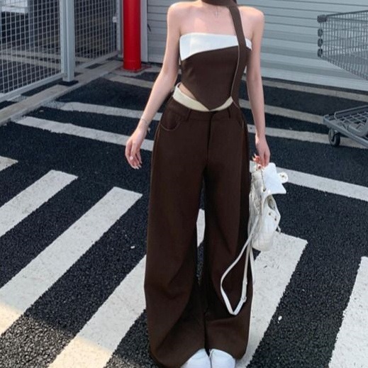 American Style Hot Girl suit Women's Strapless Vest Summer Contrast Color Stitching Wide-leg Pants Loose Casual Pants Two-piece Set