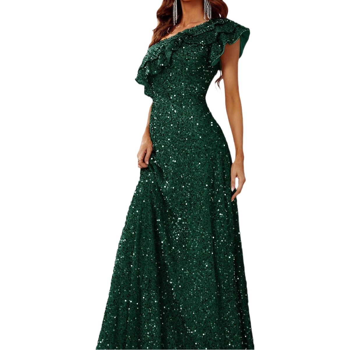 Foreign single cross-border one-shoulder sequins waist slimming wood ear sequins neat evening dress banquet host performance dark green