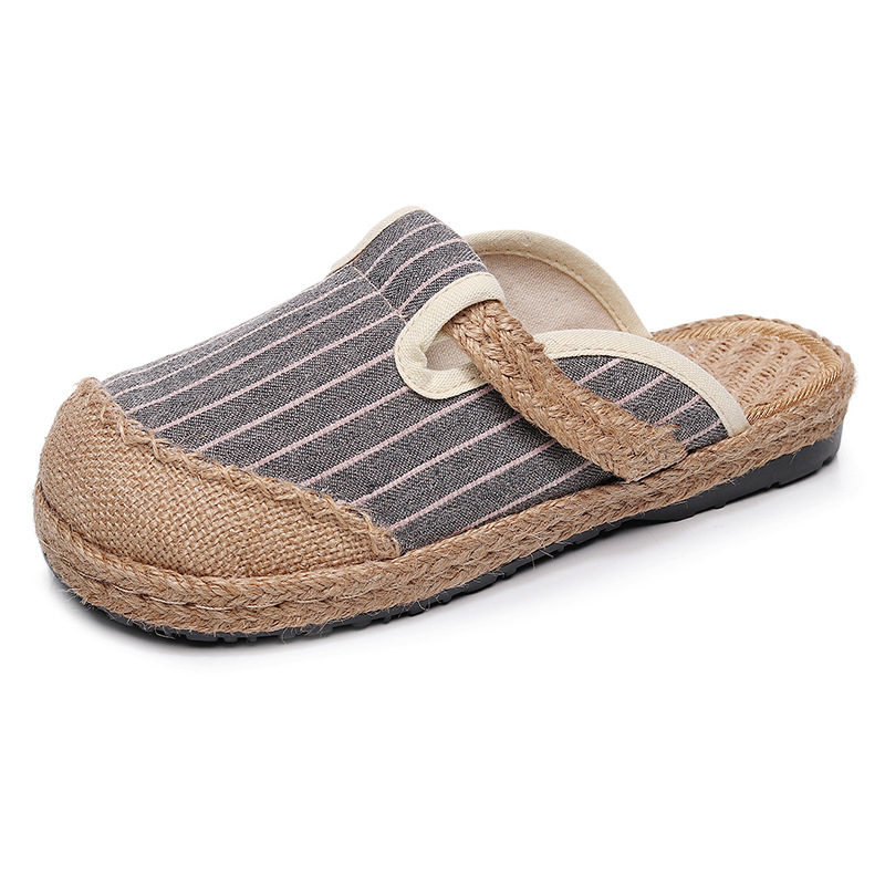 Picture of 2025 new vertical strip home cotton and linen embroidered shoes women's non-slip tpr soft bottom slippers handmade big toe shoes