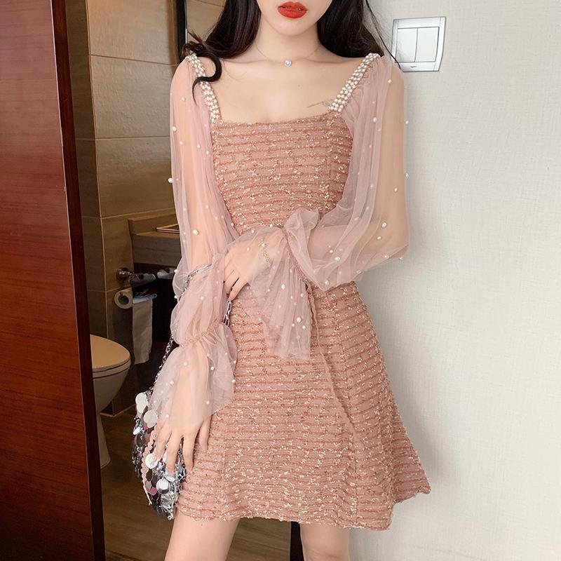 Spring Women's New Chic Chanel Style Elegant Mid-length Mesh Stitching Long-sleeved Waist Slimming dress Autumn