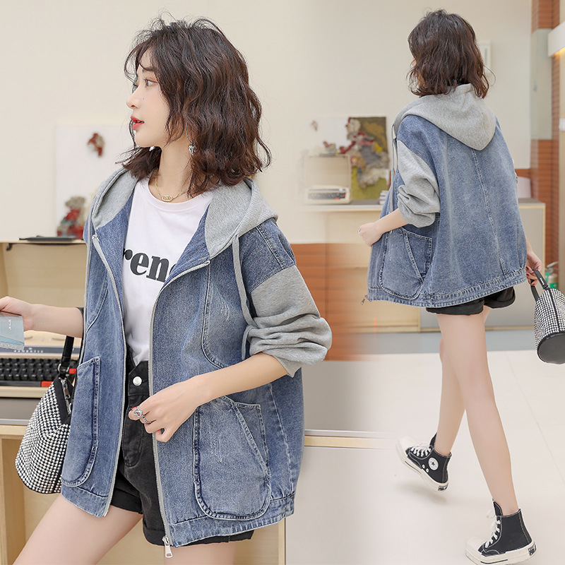 Hooded Denim Jacket for Women 2025 Spring & Fall New Style Splicing Loose Large Size Short Zipper Spring Top for Small People