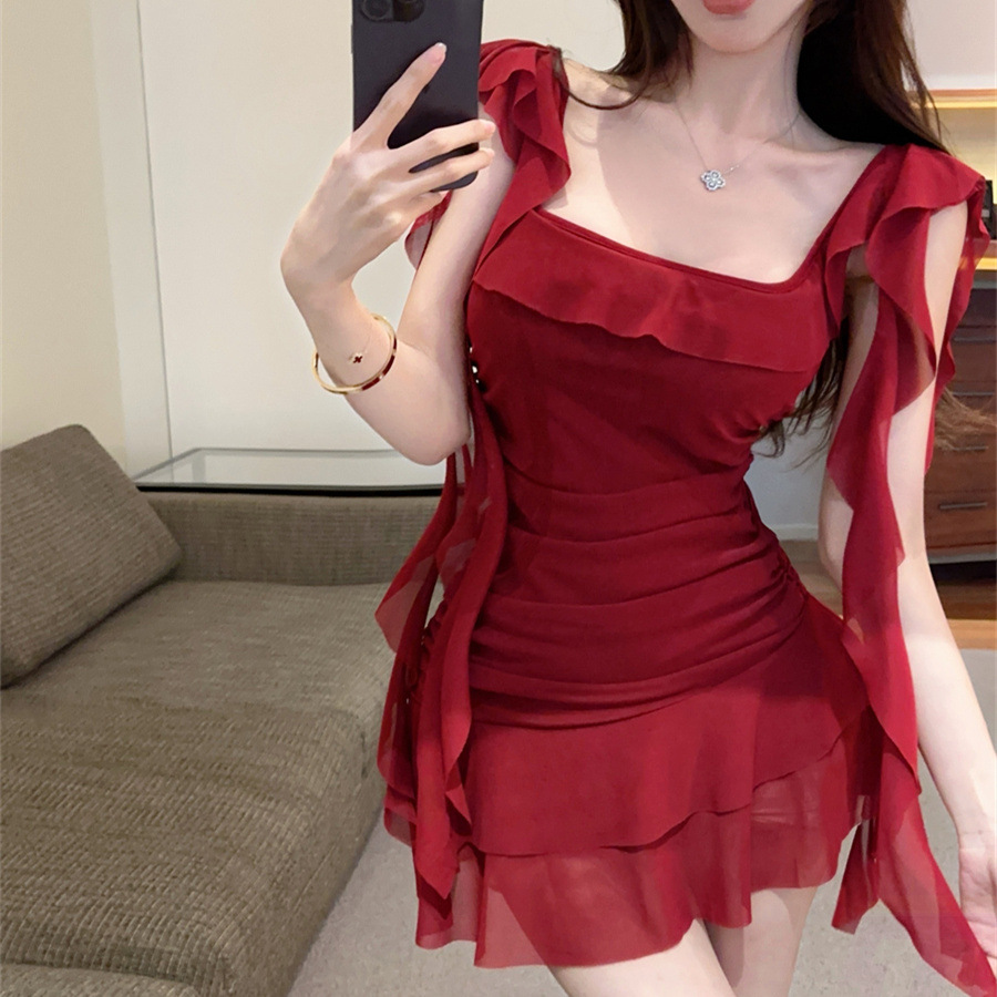 Cross-border Factory Foreign Trade Xiyin Europe and America Sexy Red Sling dress Summer Ruffled Waist Slimming Skirt