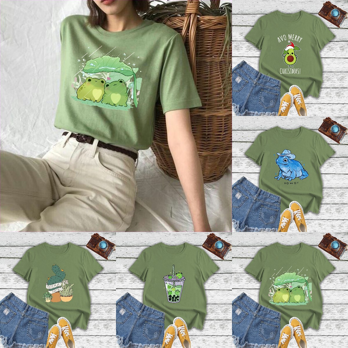 2022 spring and summer shirt cross-border new avocado frog print style loose pullover short sleeve t-shirt