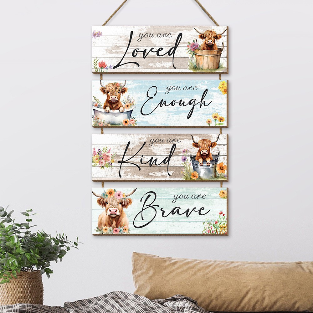 Picture of Cross-border Hot Sale Highland Cow Listing American Country Wooden Farmhouse Logo Wooden Door Plate Wall Decoration Wall Hanging