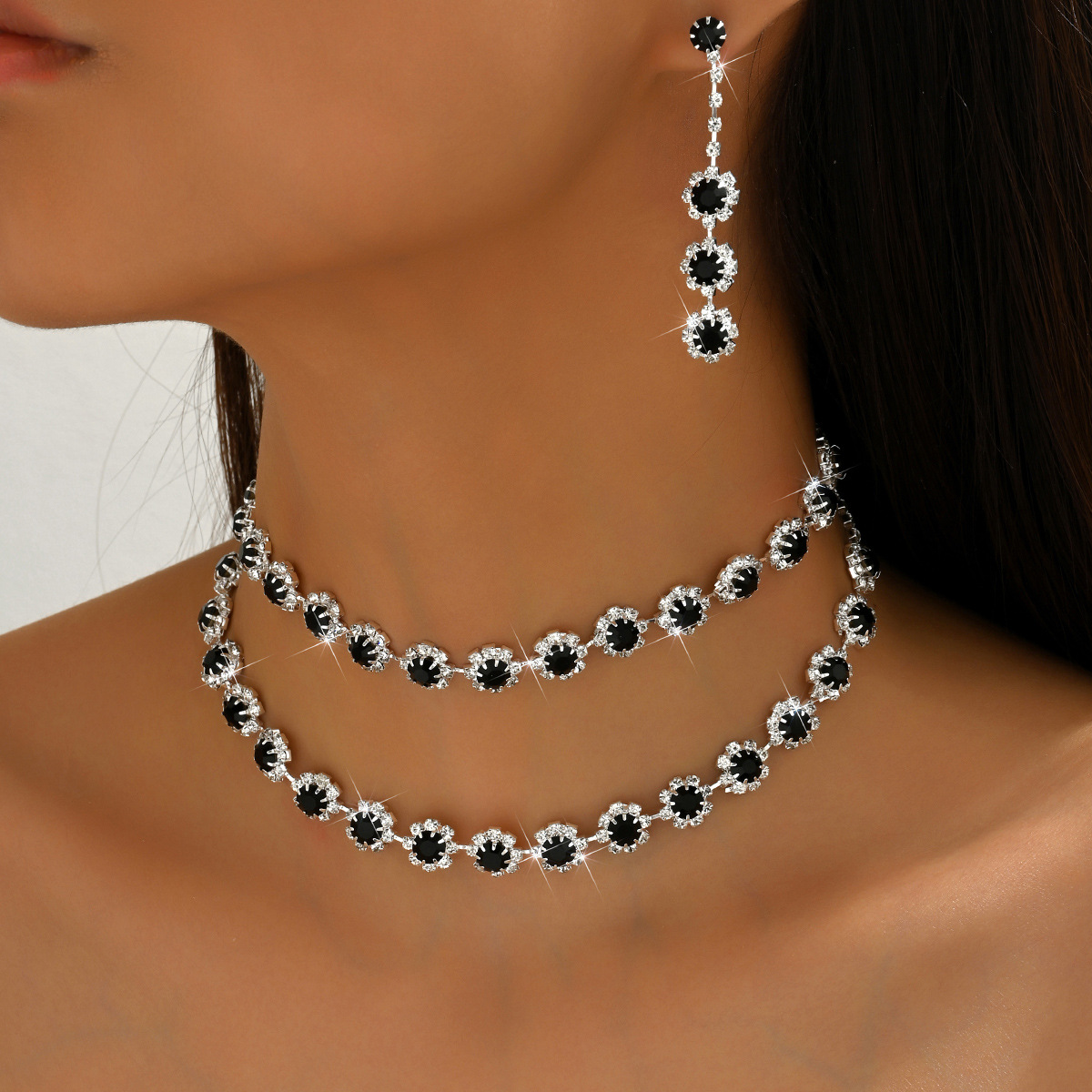 Amazon Hot Selling Jewelry Wholesale Wedding Accessories Double Layer Sunflower Diamond Necklace Earring Set One Piece