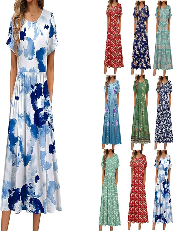 European and American foreign trade Amazon AliExpress explosions 2025 summer leisure flower pocket round neck dress women's clothing