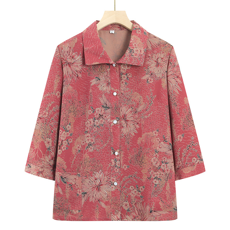 Picture of Grandma's summer mid-sleeve shirt for middle-aged and elderly women's shirt 70-year-old 80 mother lapel shirt for elderly