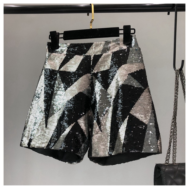 2022 New Style Distinctive Geometric Hong Kong Style Sparkling Wide Leg Pants Sequin Zipper High Waist Shorts All-match Trendy Women's Pants