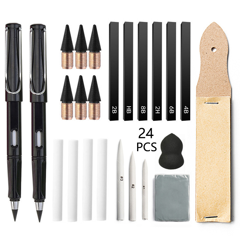 Cross Border Sketch Painting Tools 24 Pieces suit Carbon Strip High Glow Paper Rubbing Frosted Board Eraser Student Eternal Pencil