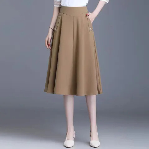 2024 spring new pocket A- line skirt mid-length elegant all-match elastic waist skirt for women