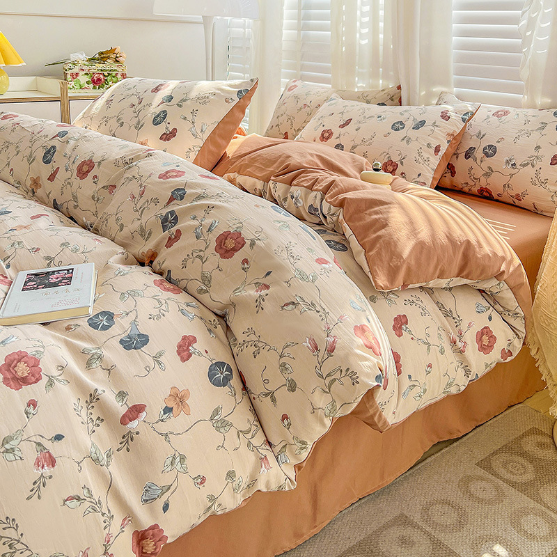 Picture of Class A Washed Double Yarn Cotton and Linen Four-piece Bed Sheet Cover Cover Three-piece Machine Washable Single and Double Bed Top Supplies