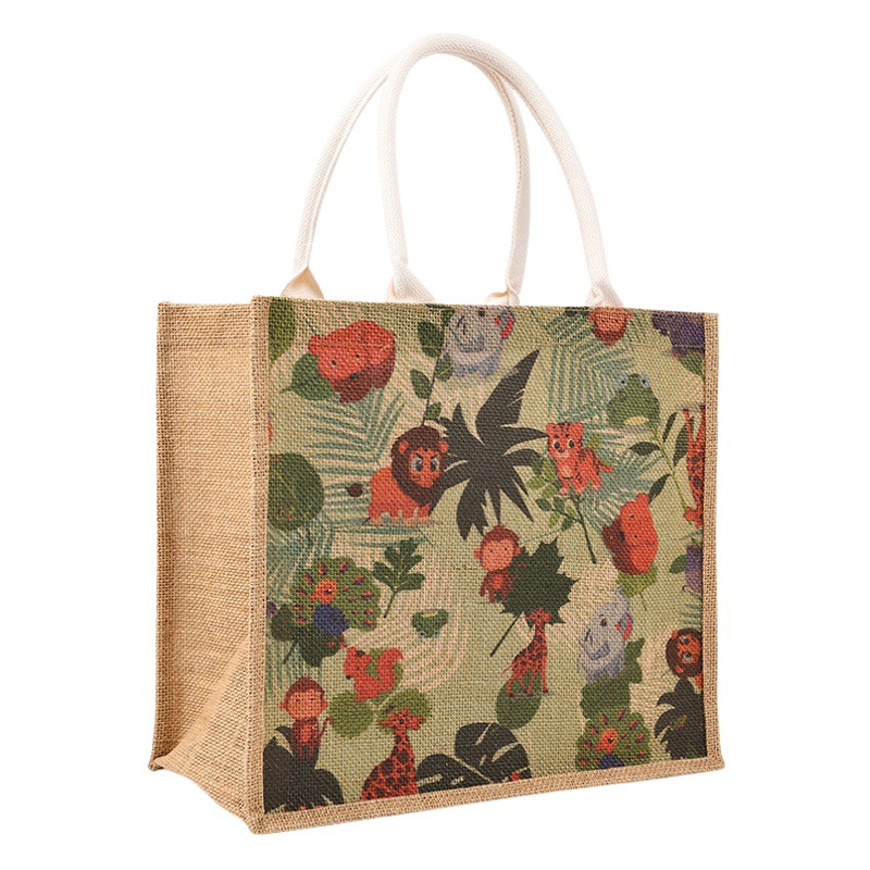 2023 new jute handbag cartoon animal boutique jute handbag simple shopping bag student book bag