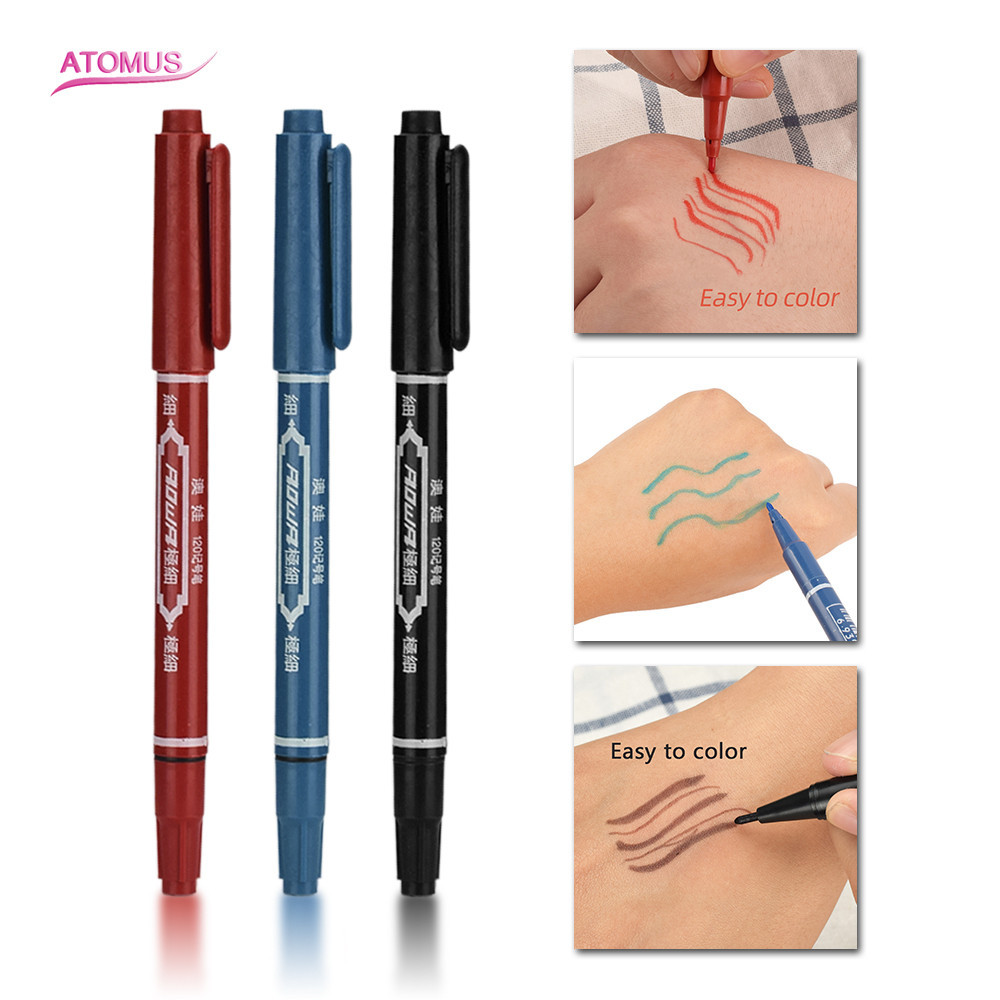 3pcs Red Black Blue Eyebrow Tattoo Oil Pen Tattoo Ink Mark Pen Drawing Pen Double Head Oil Pen