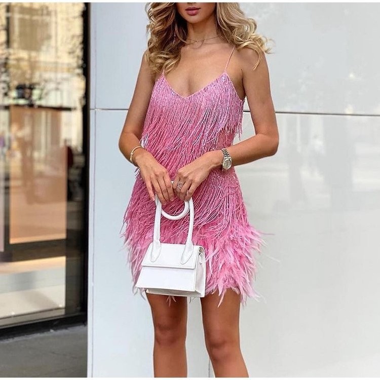Fashion Tassel Sequins Multicolor Birthday Party Sexy V-neck Strap Feather Stitching Dress dress