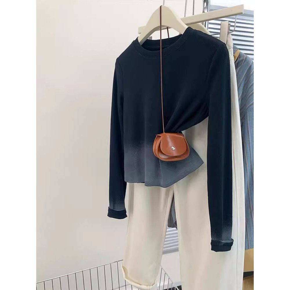 Guangzhou Thirteen Lines Women's Black Gradient Shoulder Long-sleeved T-shirt Women's Autumn Design Sense Niche Slim Unique Top
