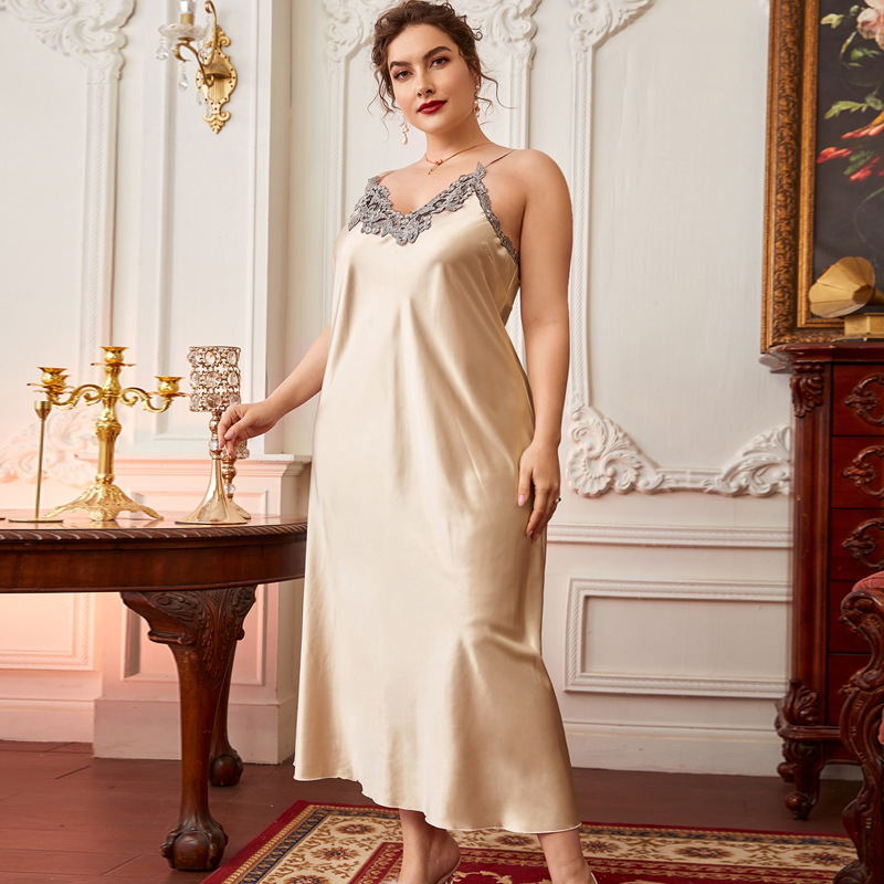 Plus-sized Pajamas Slip Skirt Spring and Summer Thin Fashionable Lace Nightgown Long Imitation Silk Casual Home Clothes
