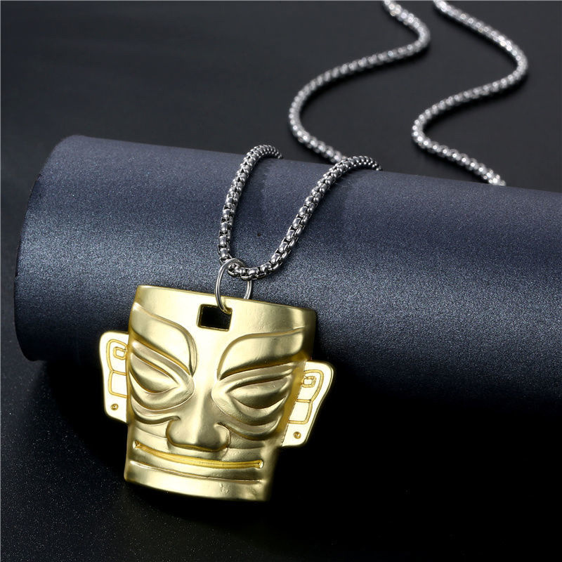 Picture of Ins National Trend Retro Sanxingdui Mask Gold Pendant Necklace for Men and Women Hip-Hop Cool Trendy Fashion Sweater Chain