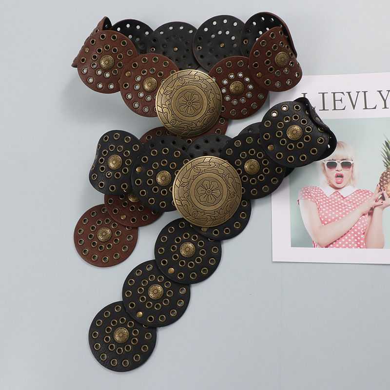 New retro buckle hollow circle exaggerated hippie rivet PU leather wide belt decorative belt female ins fashion