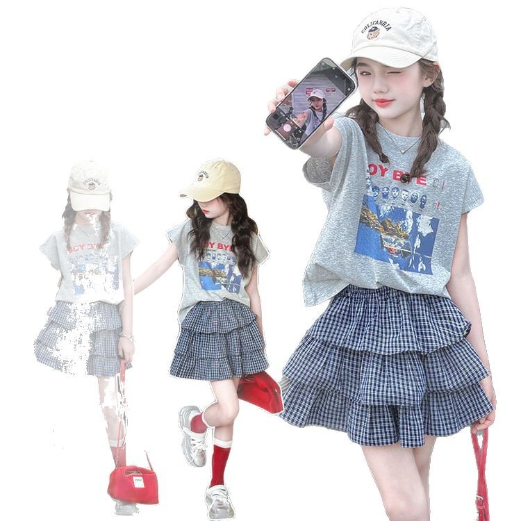 Picture of Cross-border Girls' Summer Casual suit 2025 New Style Girl's Children's Fashionable Short-sleeved T-shirt Short Skirt Set