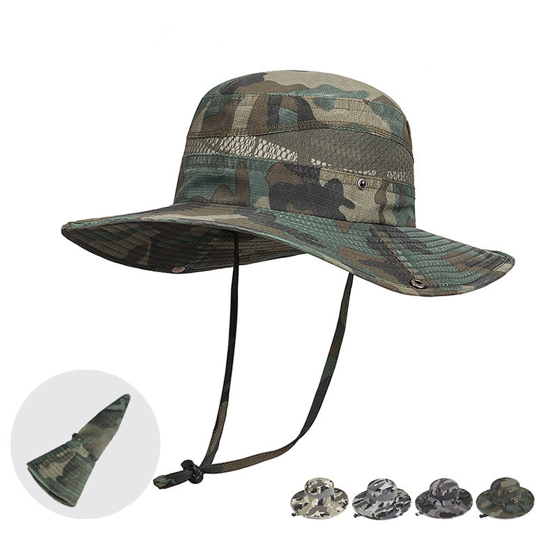 Summer Outdoor Jungle Adventure Hat for Men and Women Sun Protection Washed Camouflage Fisherman Hat Mountaineering Fishing Large Brim Sun Hat