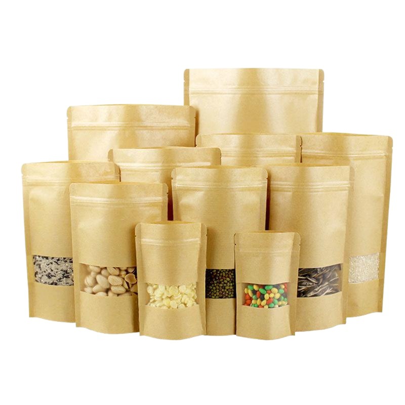 Spot frosted Kraft paper packaging bag window Kraft paper bag self-sealing bag nut packaging bag food self-standing bag