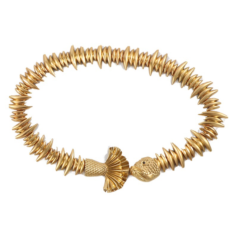 Red Riding Book Online Red Recommended Golden Metal Fish Three-Dimensional Pattern Heavy Industry Personality Fashionable Elastic Belt for Women