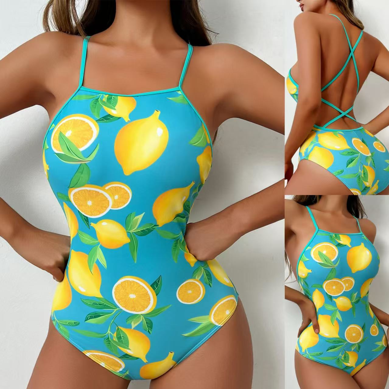 New racing swimsuit backless sexy triangle one-piece swimsuit lemon printing cross-border European and American AliExpress manufacturers