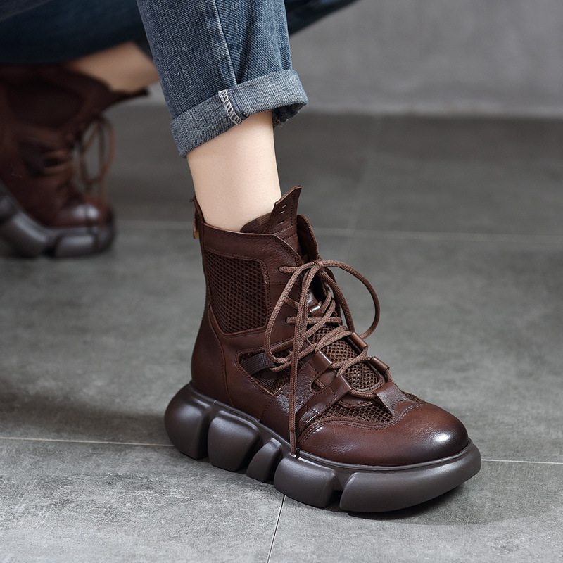 [Event Price 158] Round Toe Genuine Leather Thick-Soled Sandals Women's Short Boots Breathable Mesh Shoes Baotou High-Top Sandals for Women