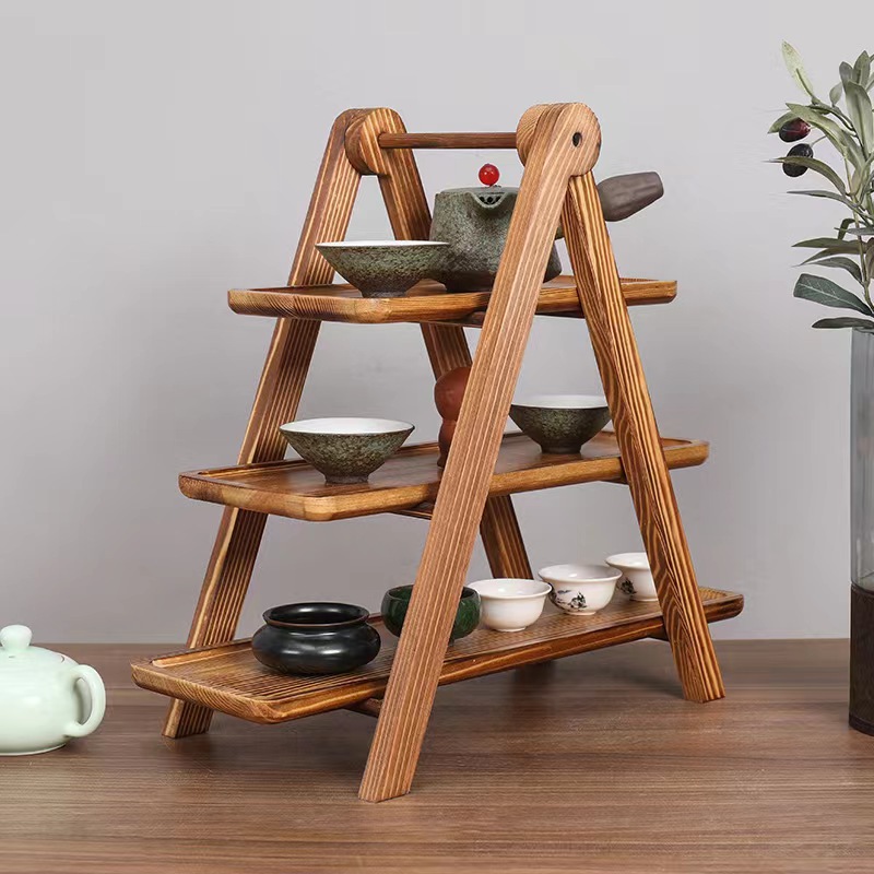 Picture of Acacia Mouton wood three-layer vegetable rack, wooden pallet storage rack, hot pot restaurant, dish organizing kitchen, hotel
