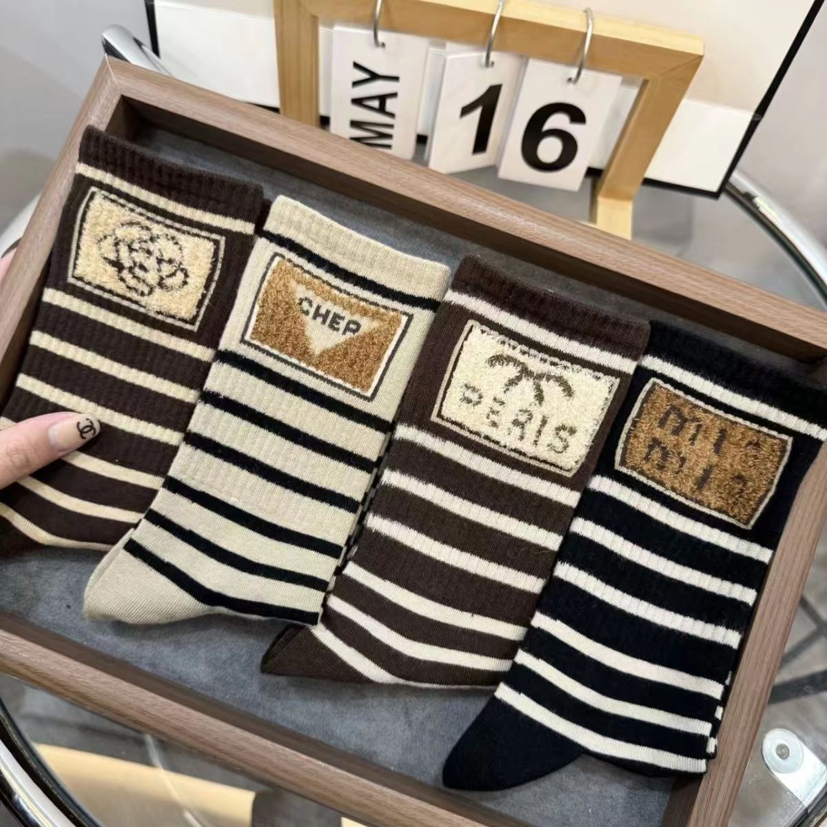 Women's long socks autumn and winter thick cotton socks for outer wear western style cute letters high waist striped socks popular online popular European goods