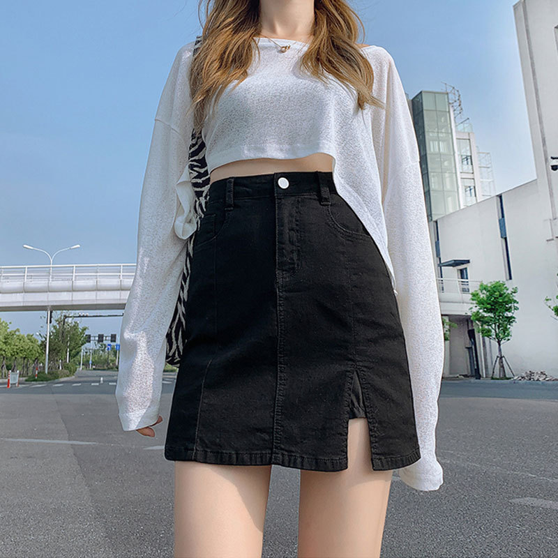 Stretch Denim Skirt Ins Fashionable Hip Split High Waist Anti-Glow Skirt A- Line Half Black Skirt for Women