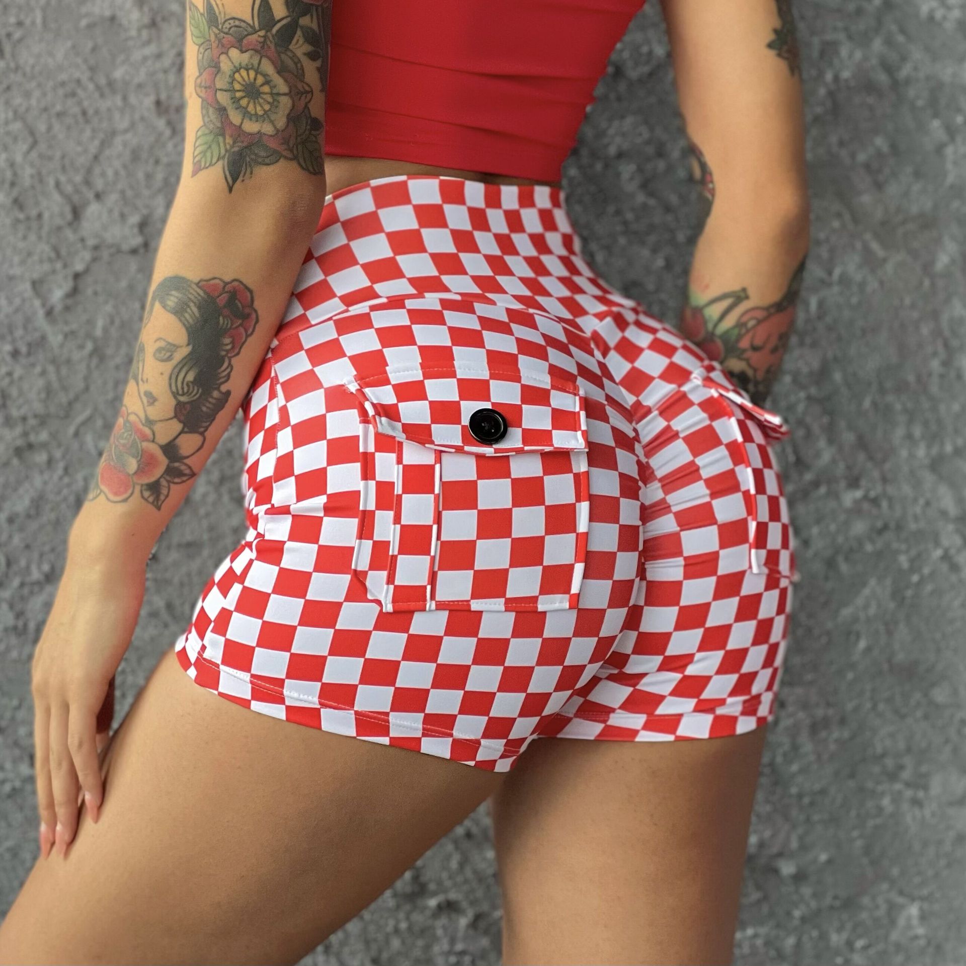 Chessboard Plaid Sports Fitness Yoga Workwear Pocket Shorts Women's Summer Hip-lifting Tight High Waist Breathable Waist