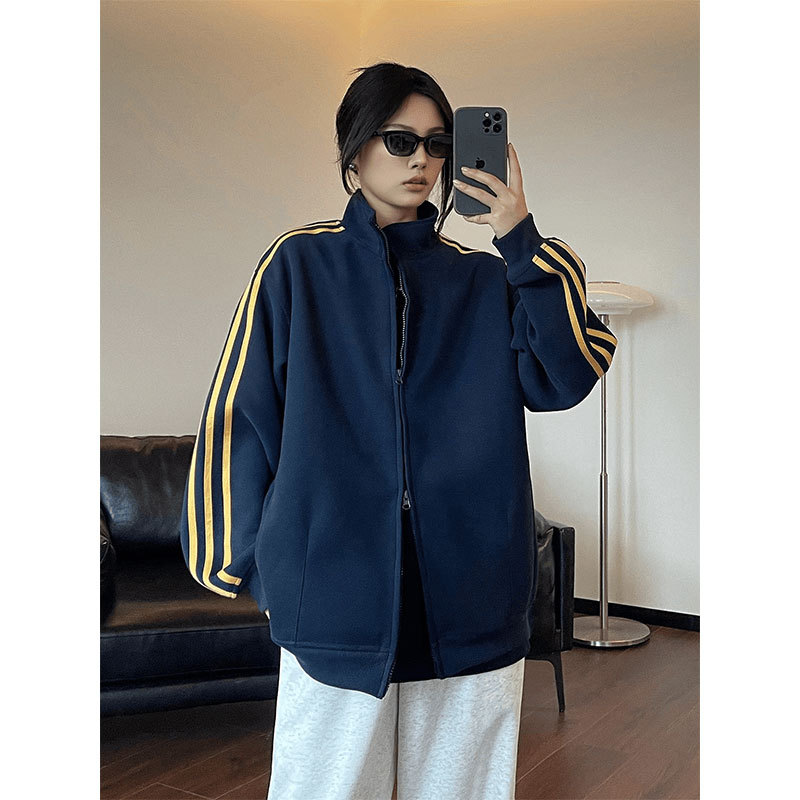 Picture of American-style Sports Casual Striped Zipper Sweatshirt Coat Women's Spring and Autumn Korean-style Baseball Suit Cool and Sruff Top Trendy