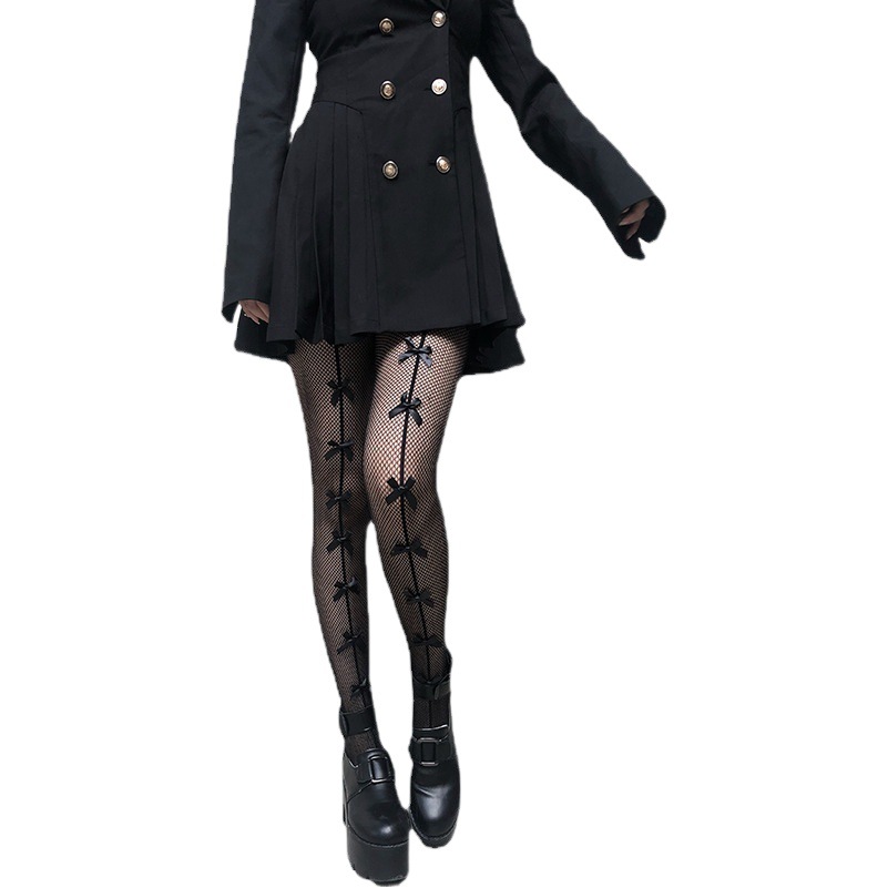 Internet Celebrity Bow Black Silk Stockings Women's Black Ins Fishnet Socks Lace Pantyhose Thin Japanese Style JK Cute