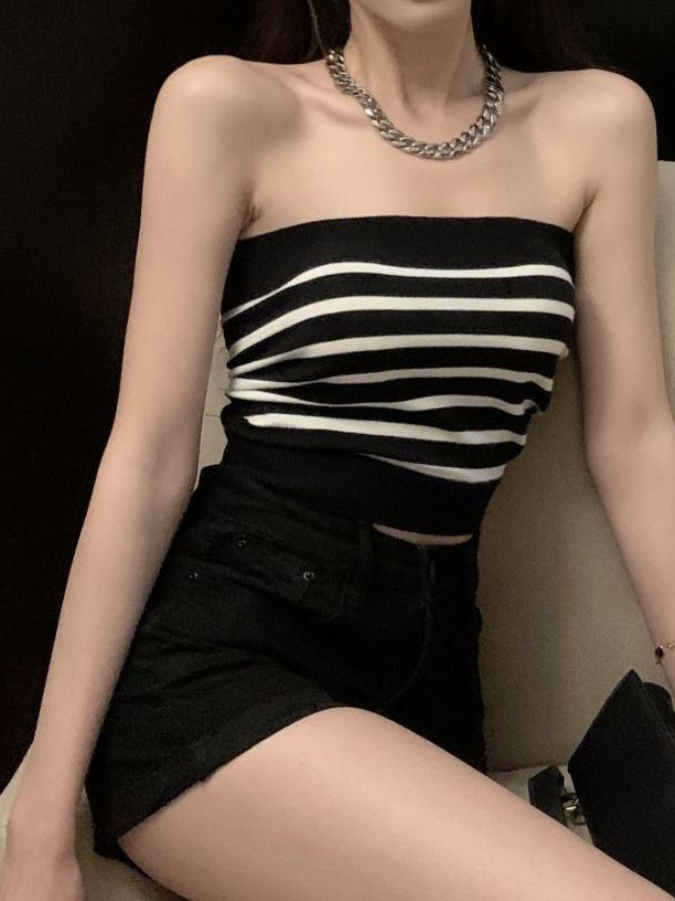 Thin Outer Wear, Black and White Striped Tube Top, Sexy Top, Women's Inner Vest, Anti-Exposure Intimates, Knitwear