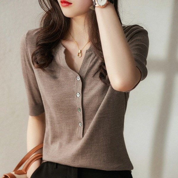 V-Neck Mid-Sleeve Sweater Top Women's New Korean Artistic Elegant Base Shirt Thin Slim-Fit Slimming Half-Sleeve T-Shirt
