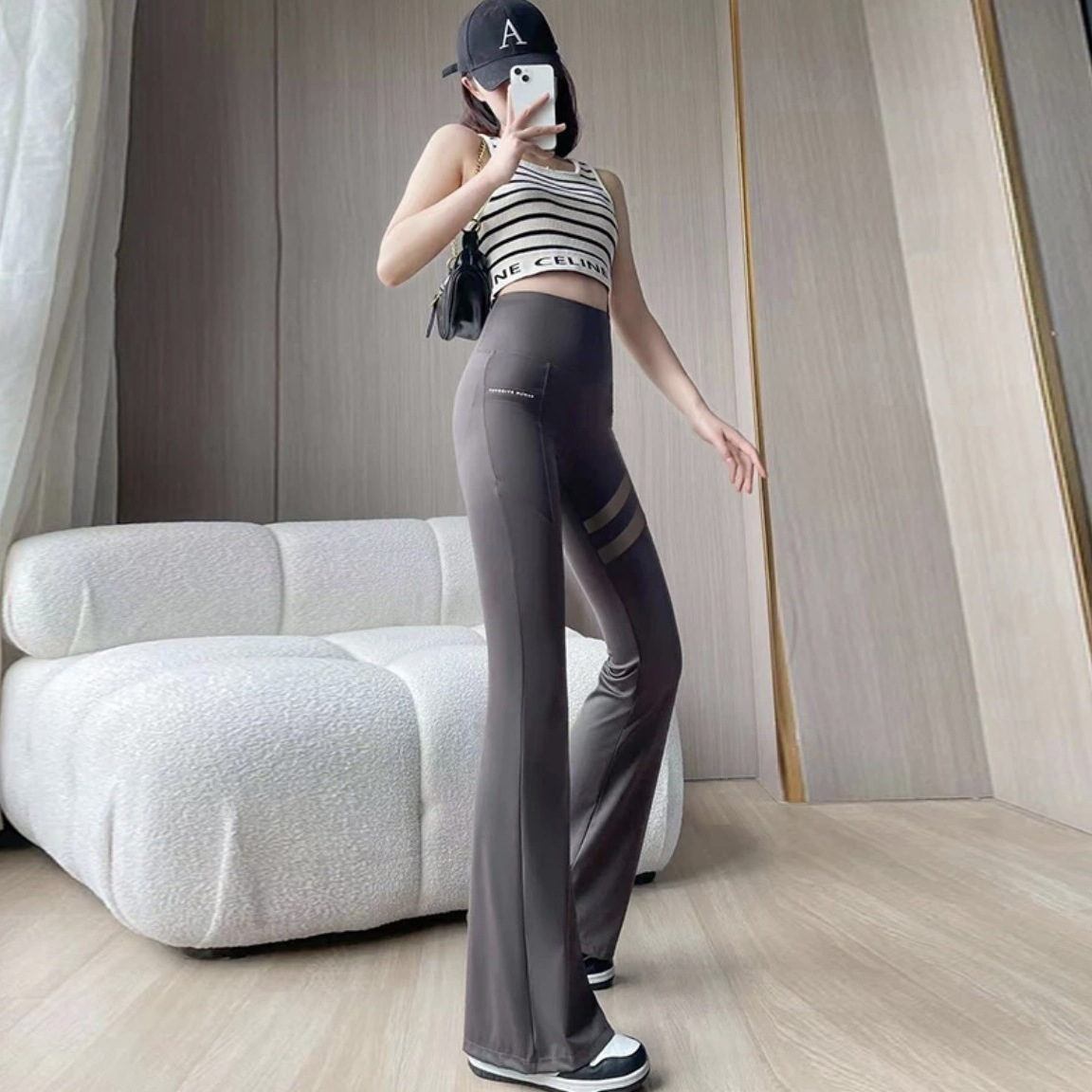 Picture of Pocket shark pants new women's mesh lace wide-leg high waist high elasticity slimming flared pants casual yoga pants