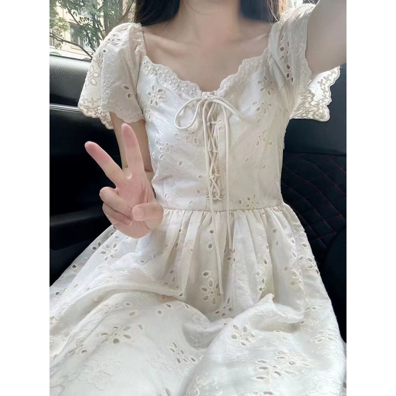 French Hollow Flower Embroidered Square Neck Dress for Women Summer 2025 New Style Gentle Style Slimming Long Skirt