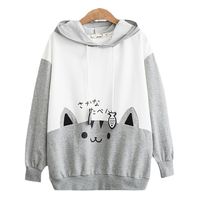 Japanese Style Mori Girl Autum New Cute Cat Splicing Hooded Student Girl Casual Long-Sleeved Sweatshirt