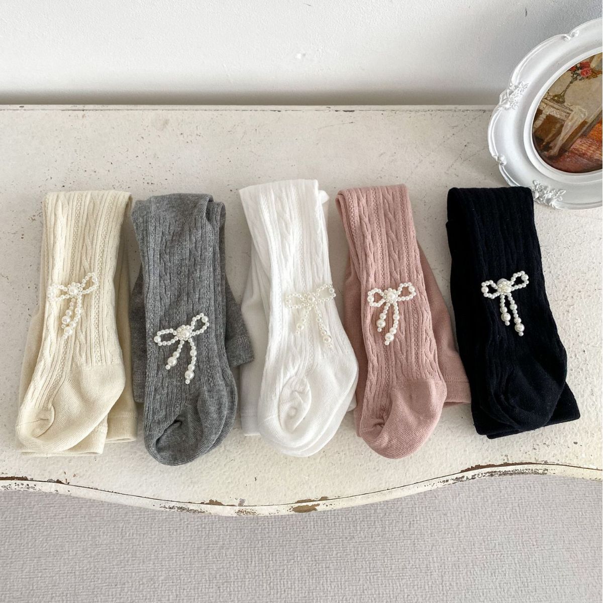 Picture of 2025 Spring and Autumn Baby Girl Pantyhose Easiest for Match Pearl Bow Foot Socks Girls Solid Color Leggings
