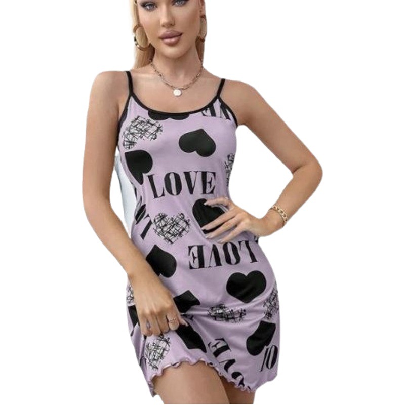 European and American Foreign Trade Summer Beautiful Back Thin Home Clothes Sexy Strap Skirt Love Cartoon Cute Printed Pajamas