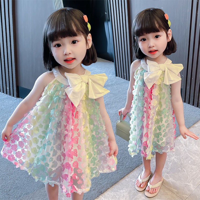 Little Girl Summer Flower Dress 2025 Korean Style Sweet Princess Dress for Children and Middle-Aged Children Rainbow Skirt Baby Summer Dress