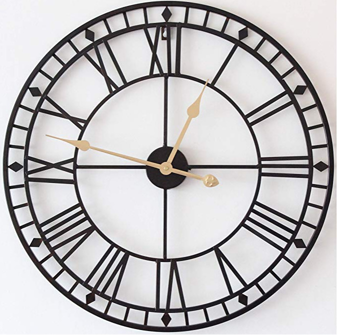 Cross-Border European Black Round Roman Iron Wall Clock Living Room Decorative Wall Clock Quartz Clock