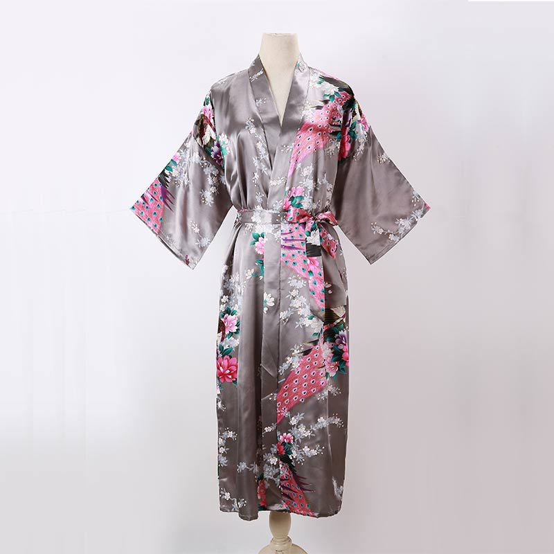 Picture of Women's Sexy Long Pajamas Summer Kimono Robe Thin Peacock Print Bathrobe Imitation Silk Kimono Nightgown Foreign Trade