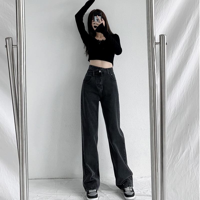 Picture of Spring and Autumn 2022 New Black High Waist Small Wide Leg Jeans Women's Autumn Loose Straight Pants