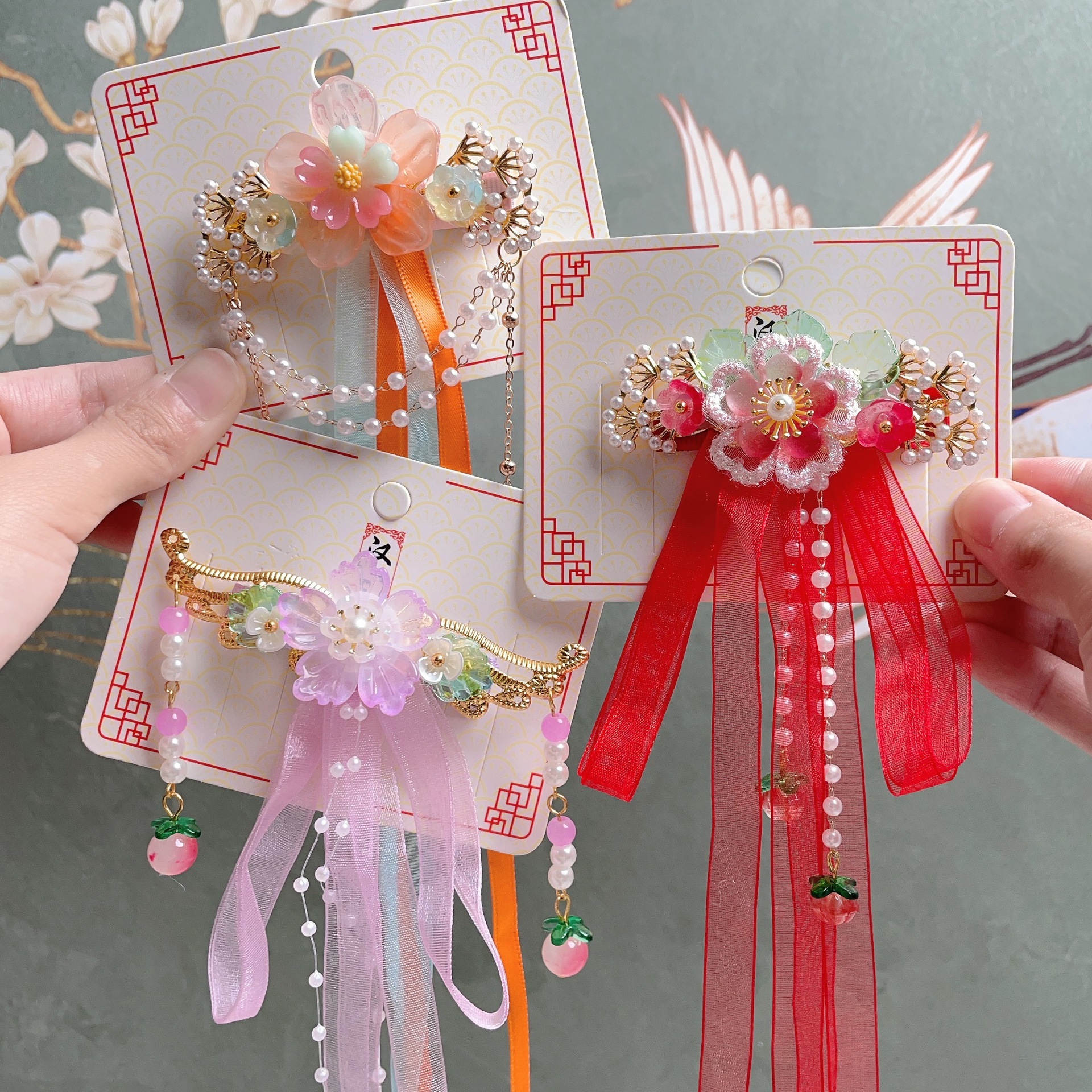 Hanchen children's ancient hair accessories Girls' back pressure tassel hairpin Hanfu ribbon clip Princess duckbill side clip wholesale