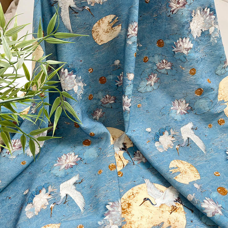 Lotus pond printed moon new Chinese digital printed brocade cotton fabric cheongsam dress top Hanfu handmade DIY fabric