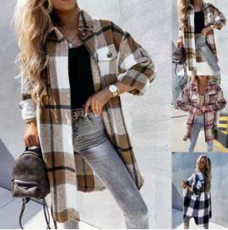 Cross-border Fashion Plaid Shirt 2021 Autum New Aliexpress Elegant Long Outwear Cardigan Lapel Shirt for Women