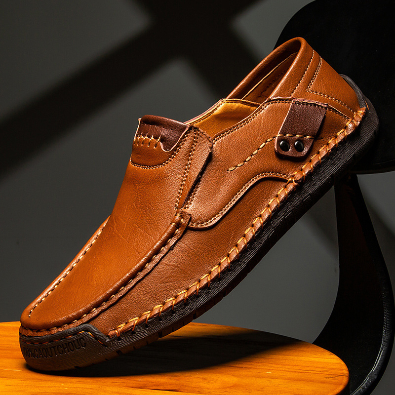 Cross-border semi-custody, hand-stitched men's shoes, outdoor casual shoes, one-foot flat leather shoes, low-top plus-size loafers