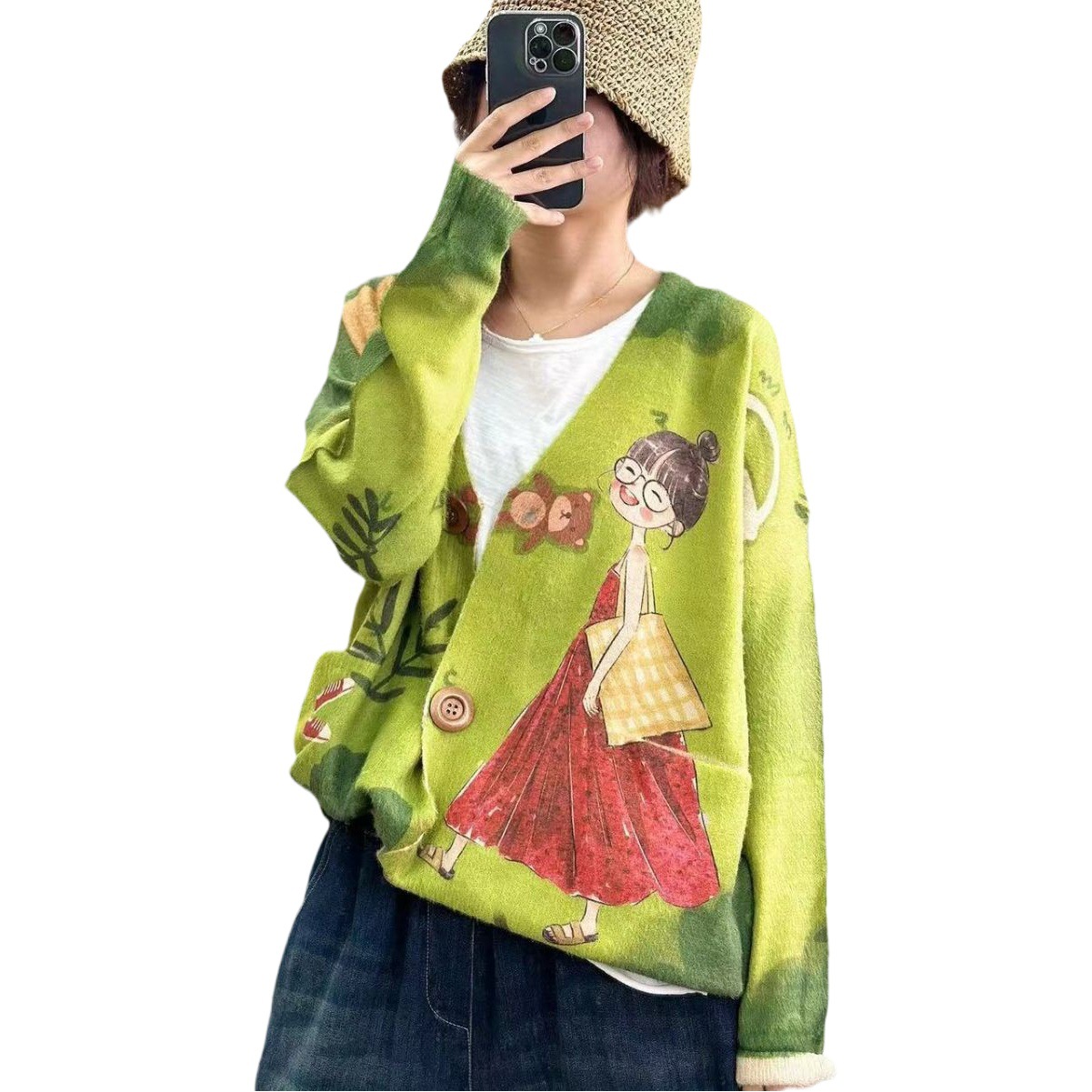 Mink Velvet Knitted Sweater for Women 2024 New Autumn Style Girls Fashionable Printed and Dyed V Neck Cardigan for Casual Women in Autumn
